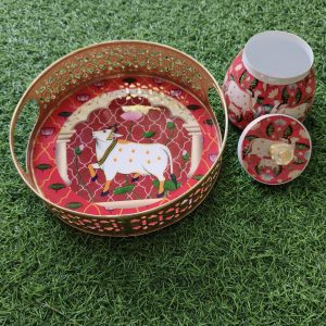 Pichwai Metal Tray with Storage Jar - Image 4