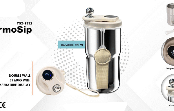 ThermoSip Stainless steel, double-walled mug with temperature display on the cap