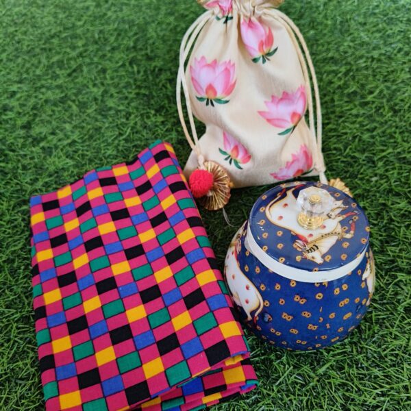 Handcrafted Pichwai Jar with Blouse Fabric Bit & Matching Potli Bag – Ethnic Gift Set