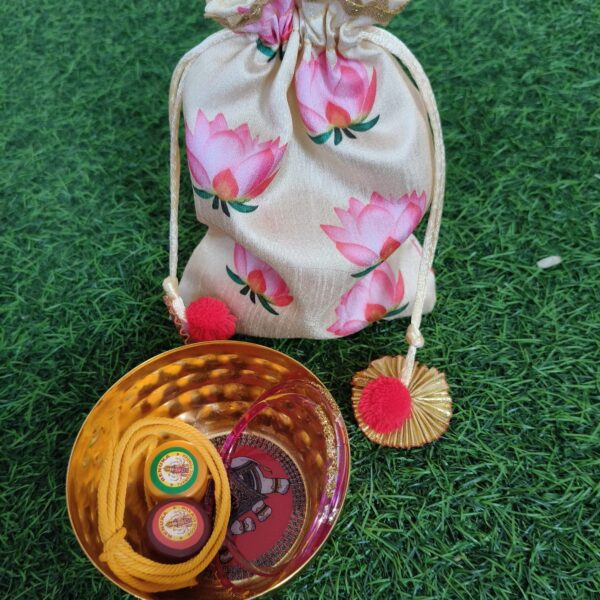 Handcrafted Potli Bag with Brass Pooja Bowl – Perfect for Gifting & Rituals